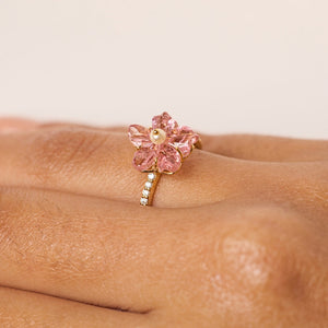 Carved Flower Ring in Pink Tourmaline, Pearl and Diamonds