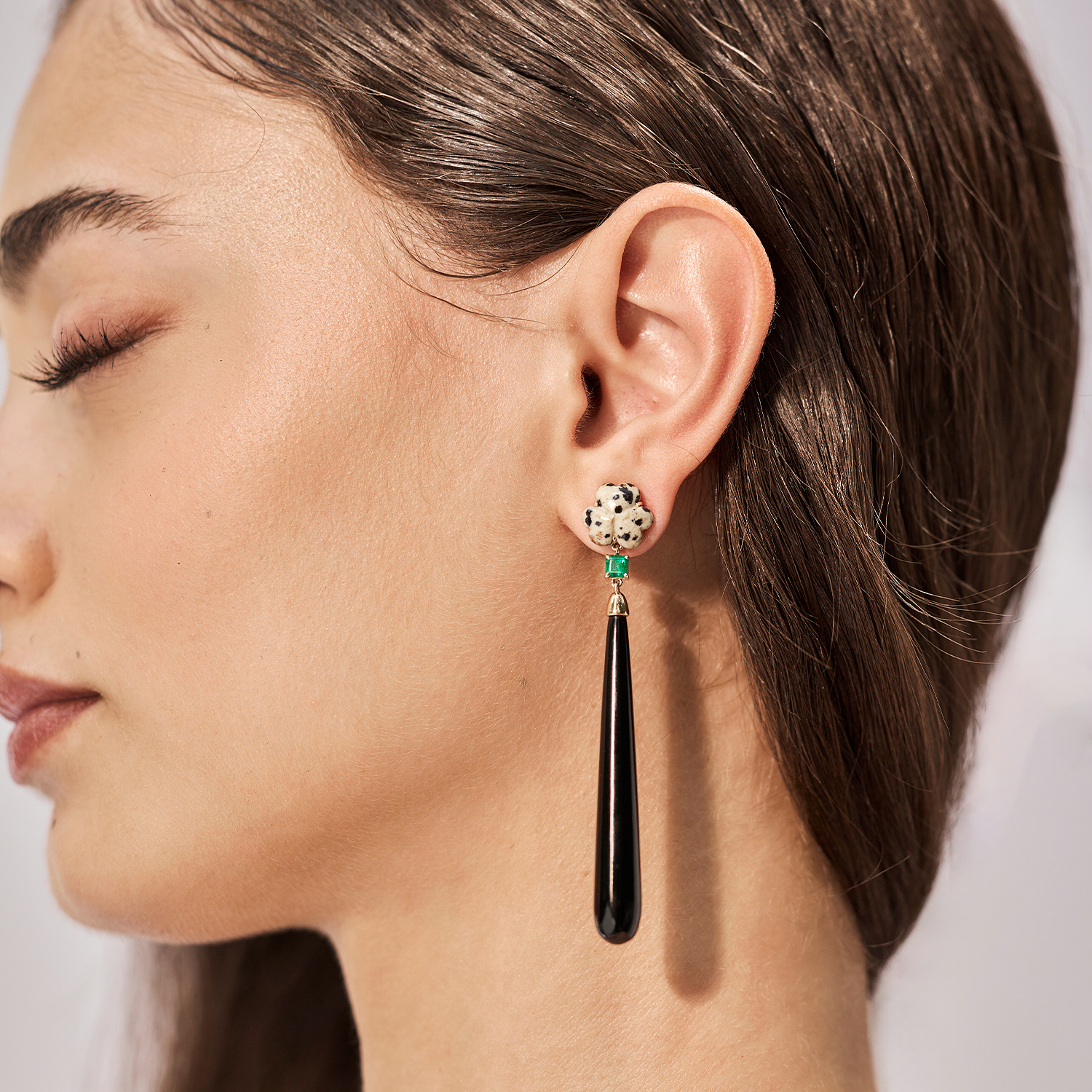 Dalmation Jasper, Emerald and Black Onyx Earrings