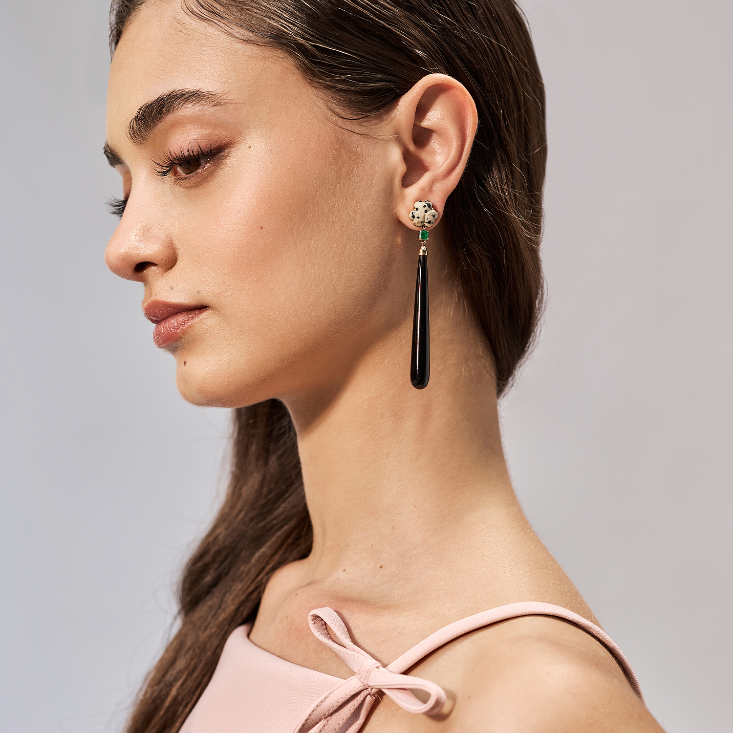 Dalmation Jasper, Emerald and Black Onyx Earrings