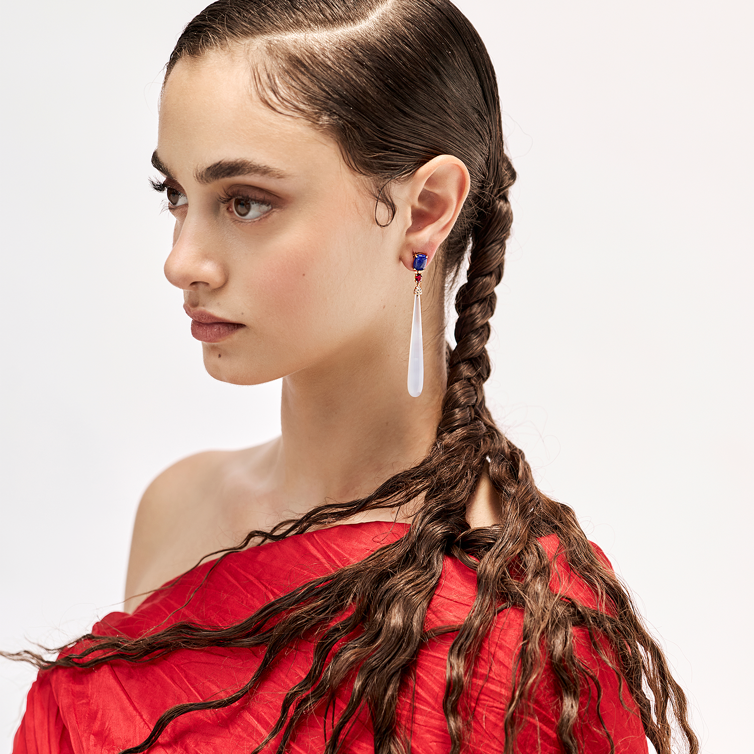 Lapis Lazuli, Ruby, Diamond and Chalcedony Earrings