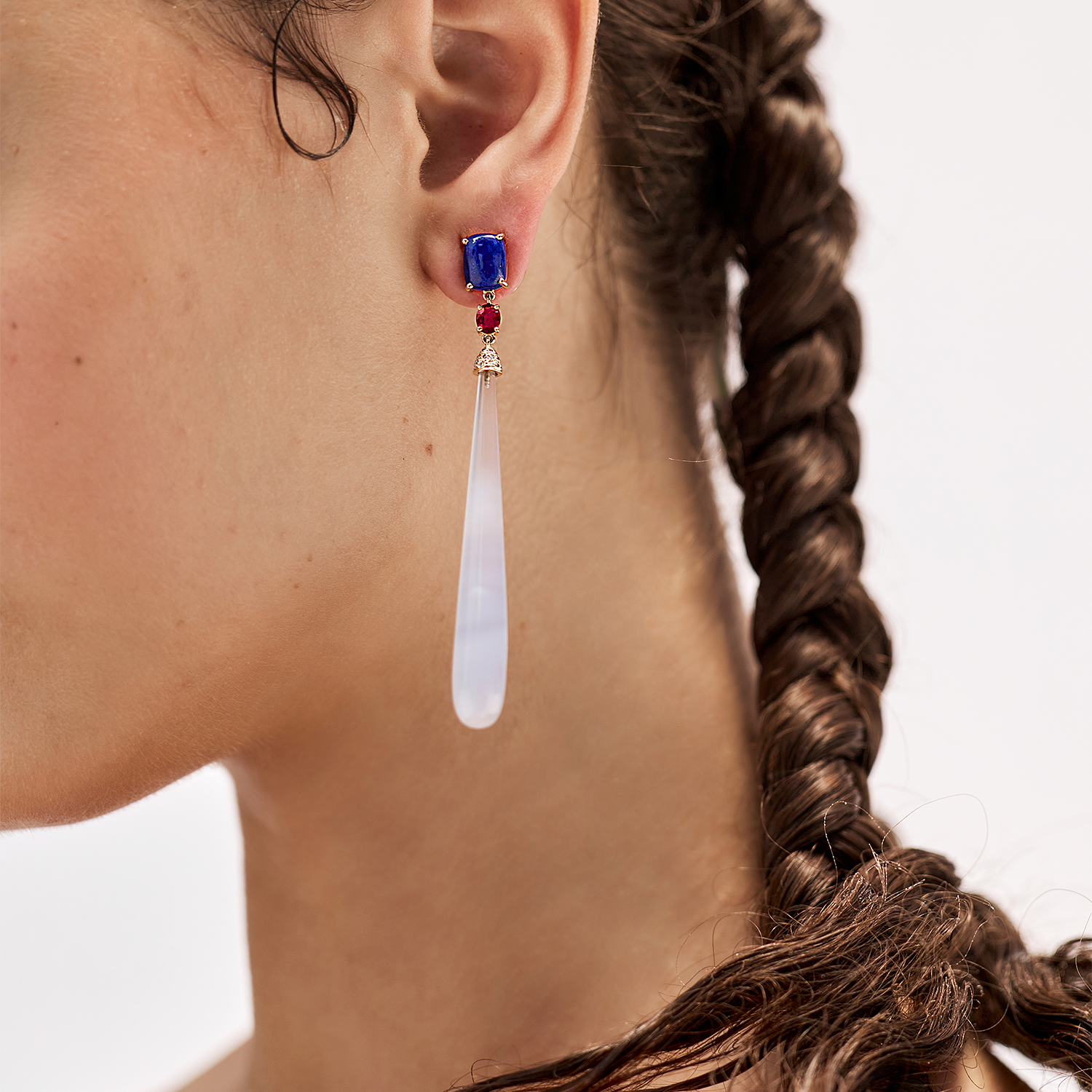 Lapis Lazuli, Ruby, Diamond and Chalcedony Earrings