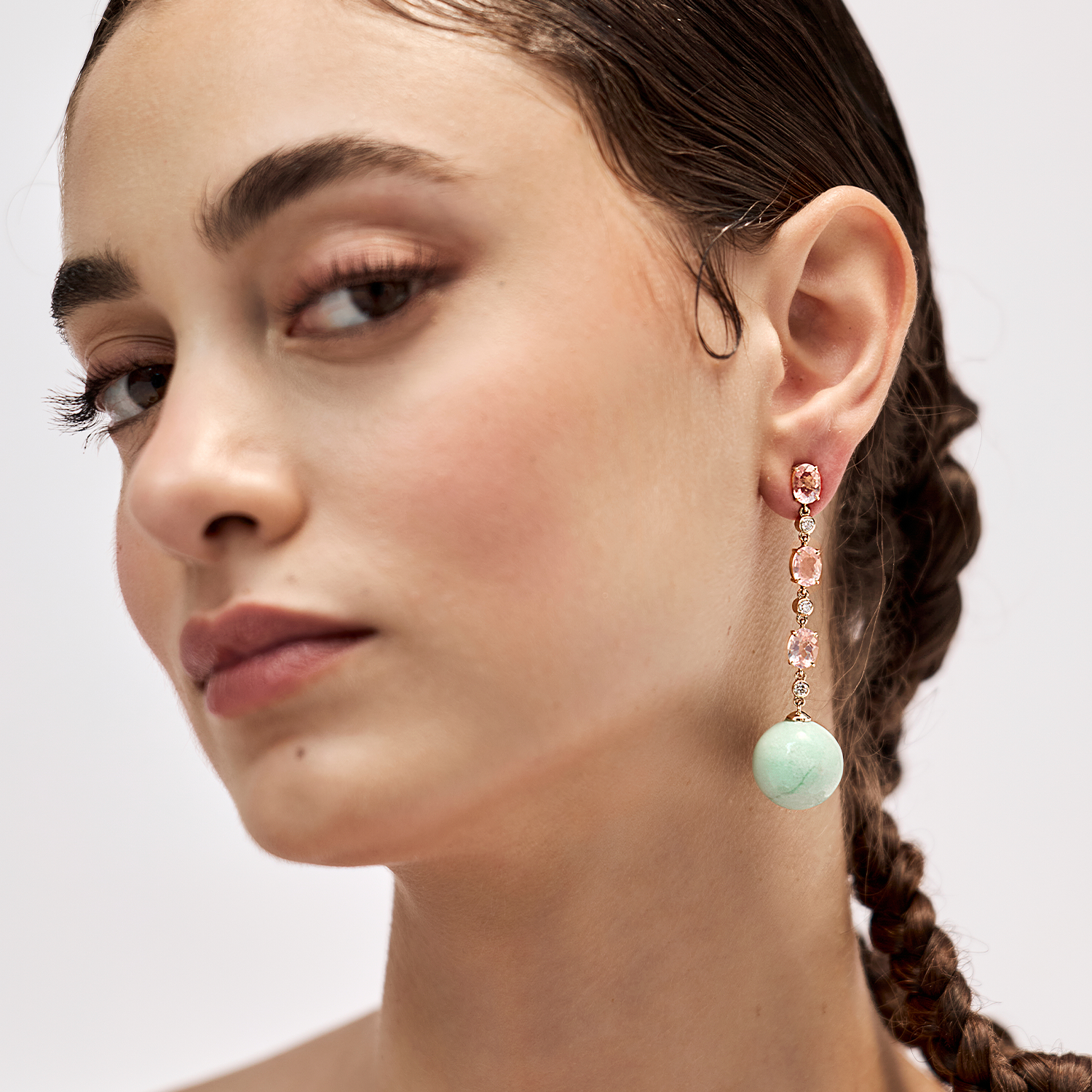 Bonbon Earrings with Rose Quartz, Diamond and Chrysoprase