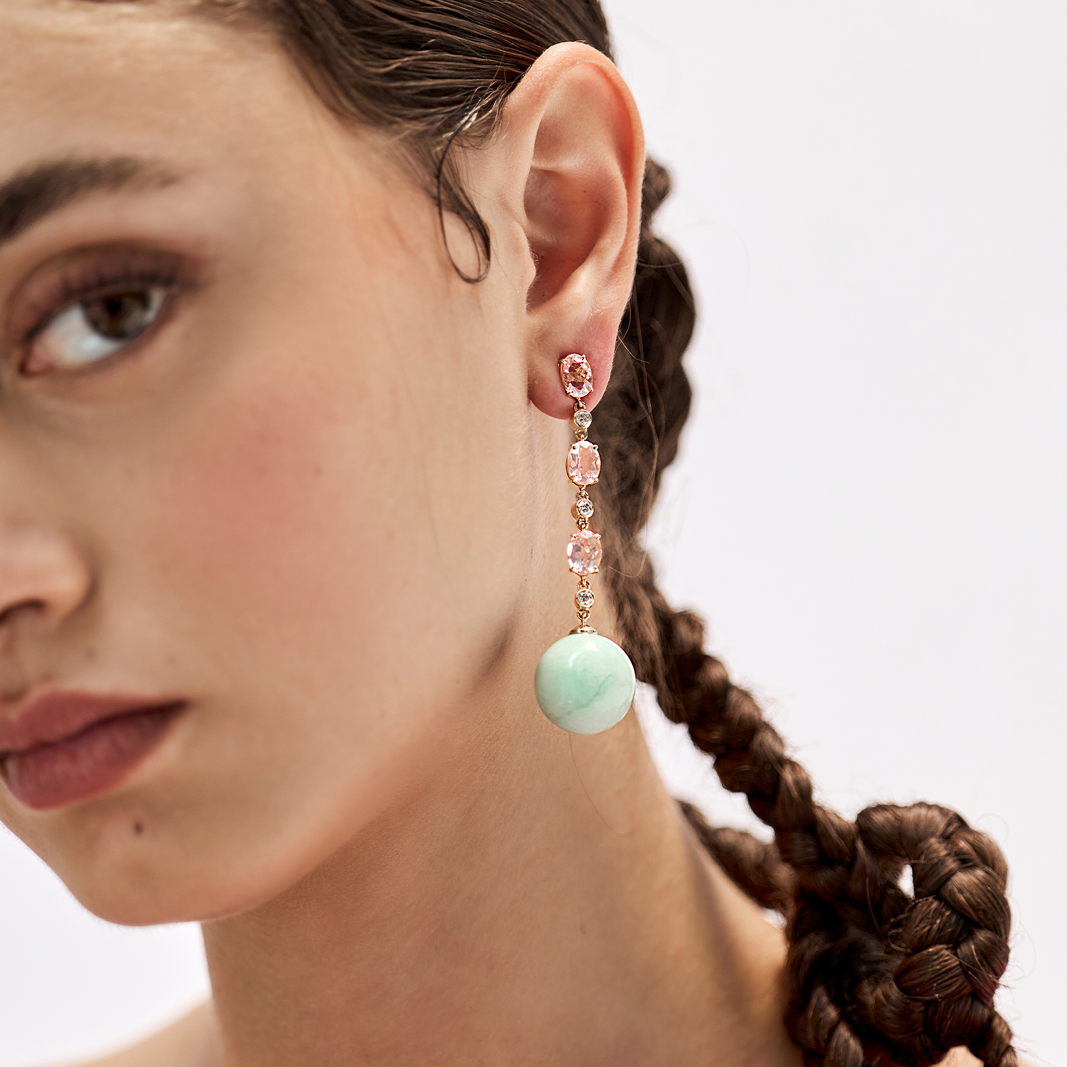 Bonbon Earrings with Rose Quartz, Diamond and Chrysoprase