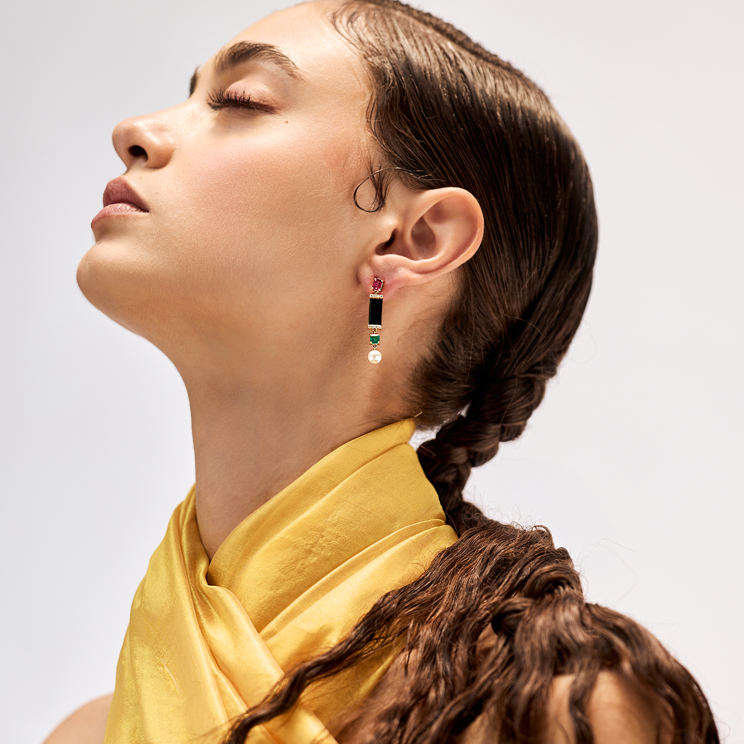 Ruby, Emeralds, Diamond and Pearl Earrings with Black  Onyx