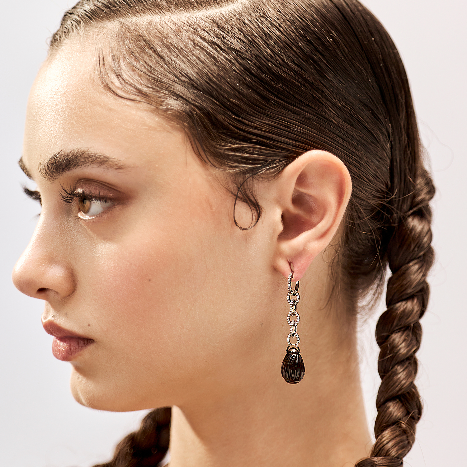 Diamonds and Carved Smoky Quartz Earrings