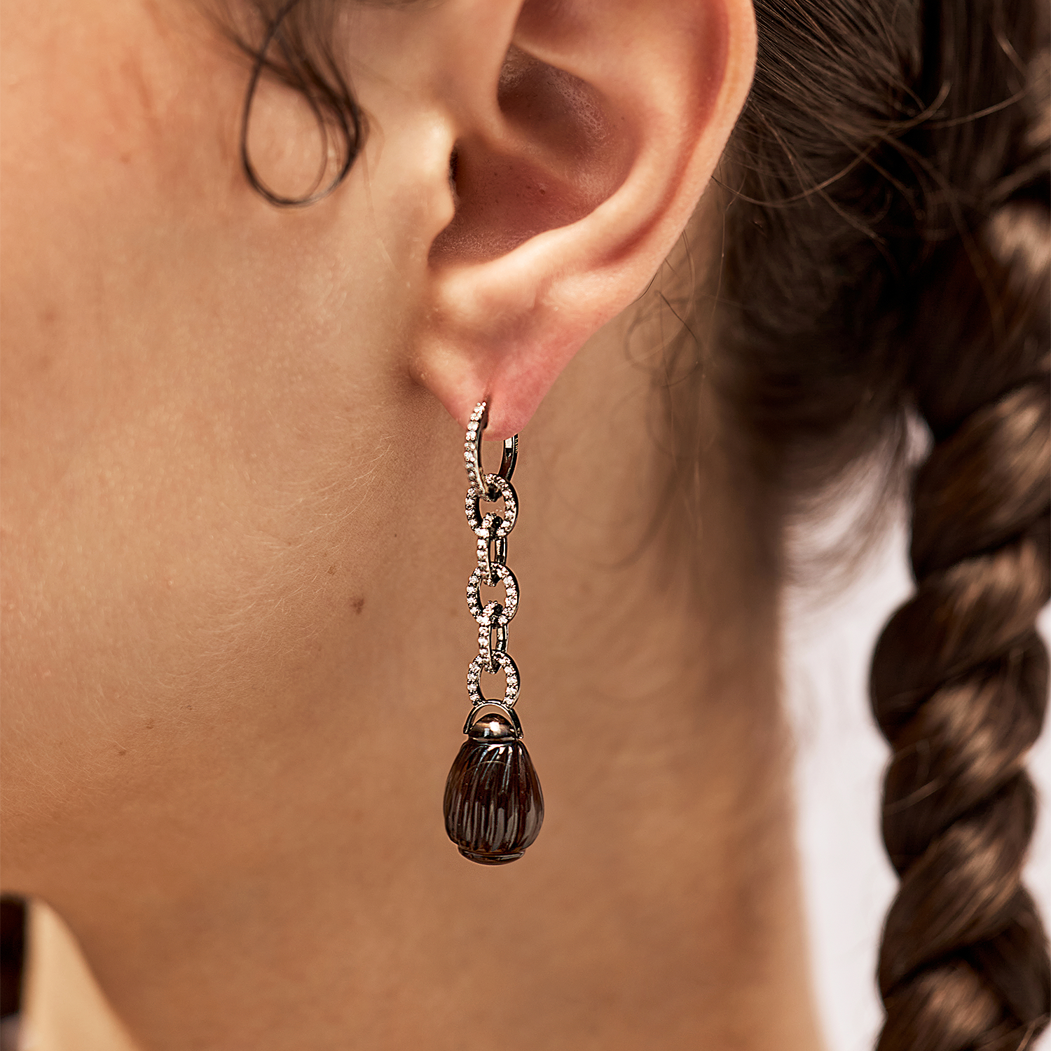 Diamonds and Carved Smoky Quartz Earrings