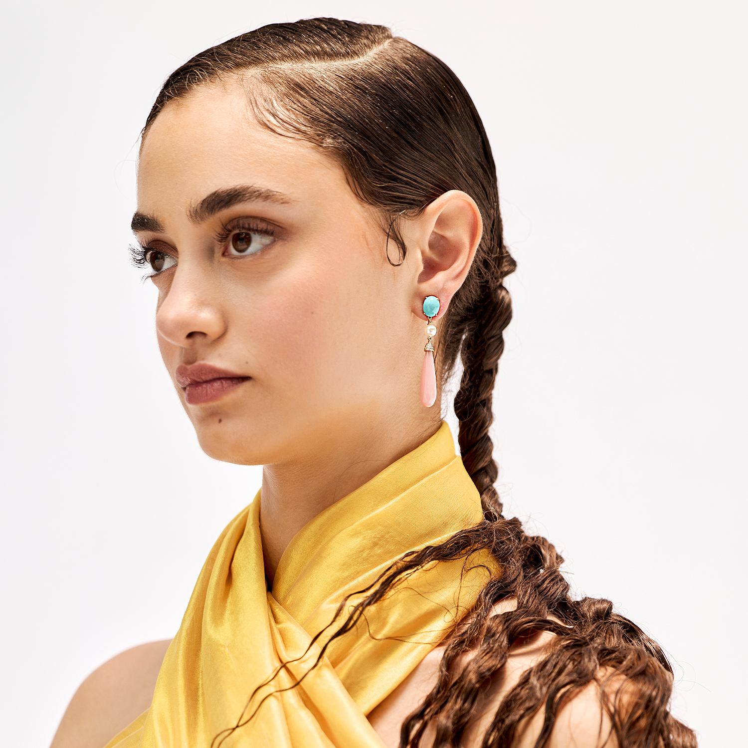 Turquoise, Pearl, Diamond and Pink Opal Earrings