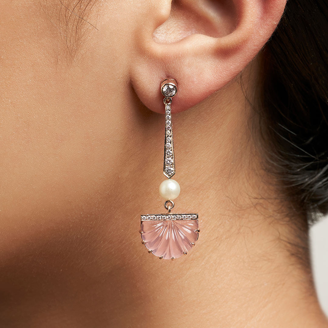 Carved Rose Quartz Fan Earrings with Pearls and Diamonds